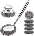 Steel Wool Scrubber with Handle, Cast Iron Scrubber, Stainless Steel Scrubber, with 5 Refills and Long Handle Stainless Pot Brush, Remove Dirt, for Cleaning Stoves, Sinks, Dishes, Grills, Bowls