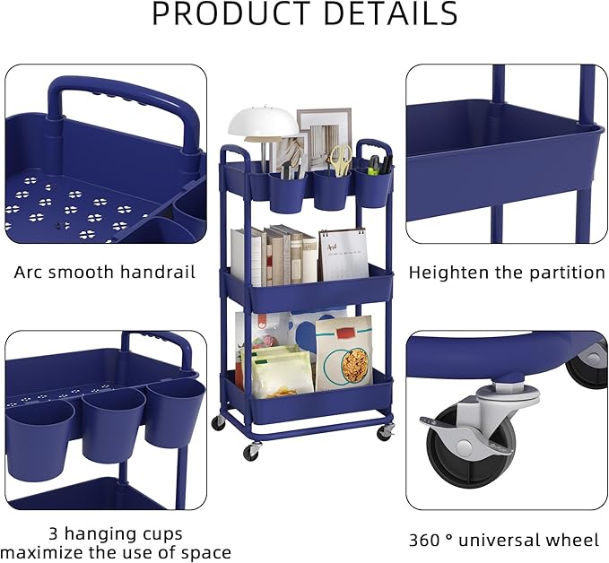 JIUYOTREE 3-Tier Plastic Rolling Storage Cart Utility Cart with Extra Hanging Cups Handles Lockable Wheels for Living Room Bathroom Kitchen Office Blue