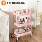 3-Tier Metal Rolling Utility Cart, Small Rolling Cart Kitchen Trolley Bathroom Laundry Room Bar Office Shelves Storage Organizer Shelving Unit with Caster Wheels for Narrow Places, Pink