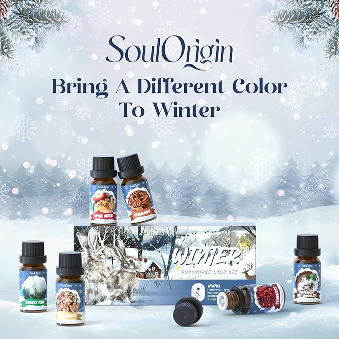 Winter Essential Oils Set, Fragrance Oil Gift Set for Oil Diffusers, Scented Oils for Soap 6x10ml - Forest Pine, Spiced Apple Cider, Cinnamon, Mint Hot Chocolate, Gingerbread, and Cranberry