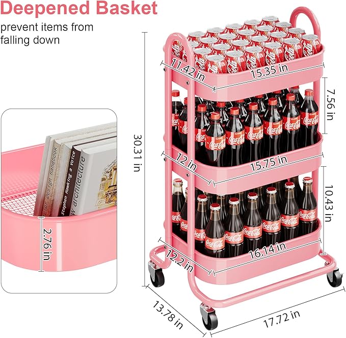 3 Tier Rolling Storage Cart Metal with Lockable Wheels & Reinforced Handle, Three Tiered Art Cart Organizer on Wheels, Pink Utility Carts for Kitchen, Bathroom, Garage, Baby Diaper, Craft, Teacher
