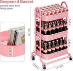 3 Tier Rolling Storage Cart Metal with Lockable Wheels & Reinforced Handle, Three Tiered Art Cart Organizer on Wheels, Pink Utility Carts for Kitchen, Bathroom, Garage, Baby Diaper, Craft, Teacher