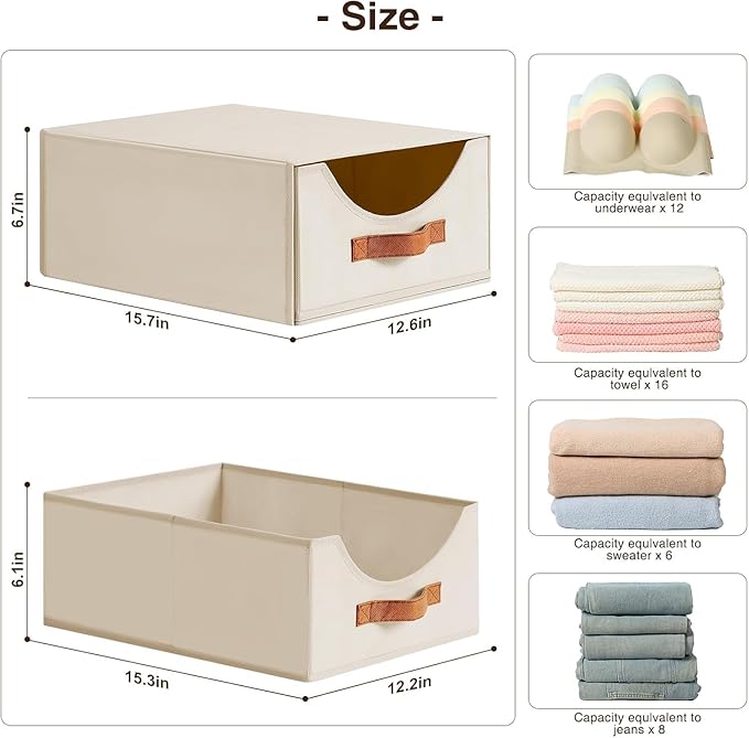 Closet Organizers and Storage - Large Stackable Storage Bins with Drawer, Fabric Bins for Organization, Collapsible Drawer Organizer Clothes for Bedroom, Living Room, 4 Pack, Beige