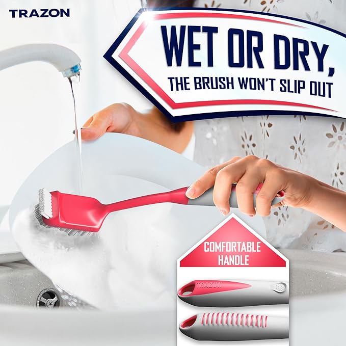 Dish Brush Set of 4 - Kitchen Scrub Brushes with Non-Slip Long Handle for Cleaning, Scrubber, Dishwashing, Dishes, Bottles, Straws, Cups, Pots & Sink, Red