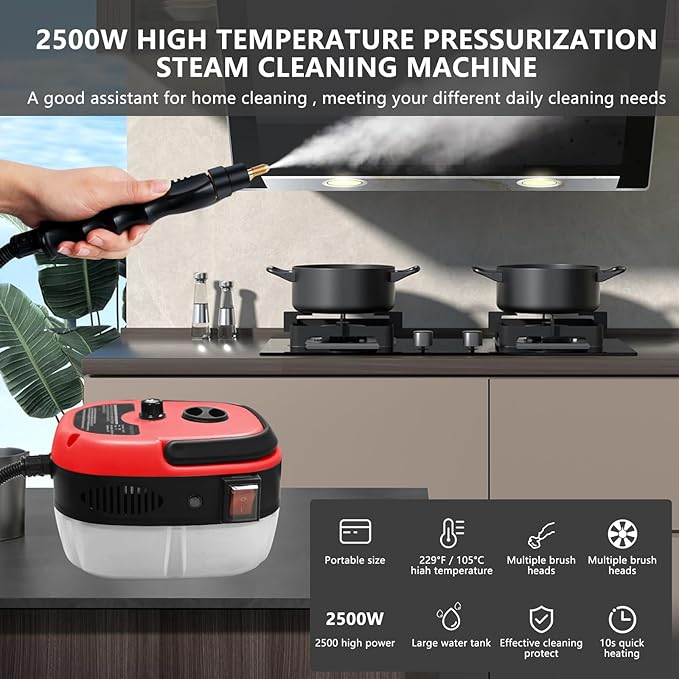Handheld Steam Cleaner, 2500W Pressurized Steam Cleaner with 3 Brush Heads, Portable Steam Cleaner for Home, Car, Furniture, Kitchen, Bathroom and Wall, Red