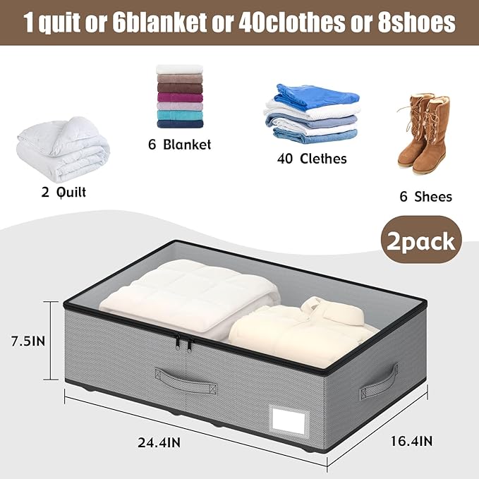 Under Bed Storage with Wheels, No Assemble Required 7.5 inches height Under Bed Storage bins,Large capacity Rolling Underbed Shoe Storage containers，dorm underbed storage drawers