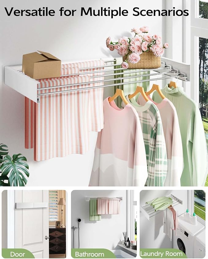Wall Mounted Clothes Drying Rack 40 inches, Foldable Wall Mount Laundry Rack Folding Indoor, Drying Rack Clothing Collapsible, Hidden Space Saver with Wall Template, 6 Rods, White