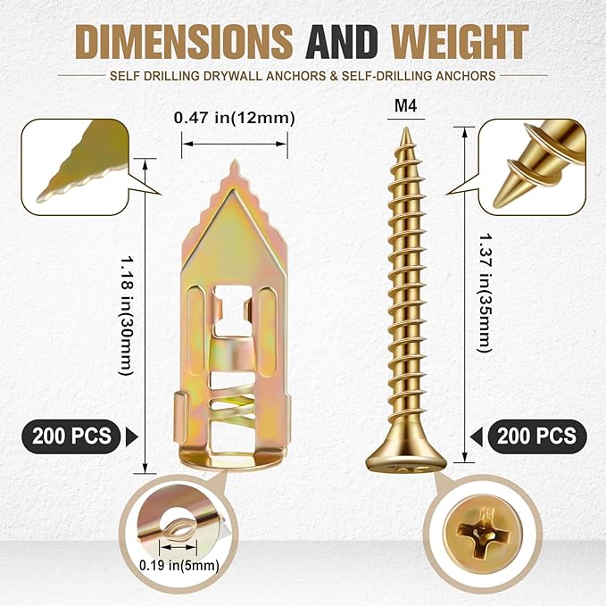 400 Pcs Drywall Anchors for Drywall Self Drilling with Screws Kit 0.47 x 1.18 Inch, 200 Sheetrock Expansion Anchors 200 Zinc Plated Screws, Drive in Hollow Board Nails No Drill or Holes in Wall