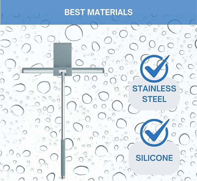 Long Handle Shower Squeegee for Glass Doors - Stainless Steel with Silicone Hook Holder - Scrubber for Shower Tile Wall Cleaning, Bathroom Cleaner - Large Shower Door Sweep Wiper with Rubber Hanger