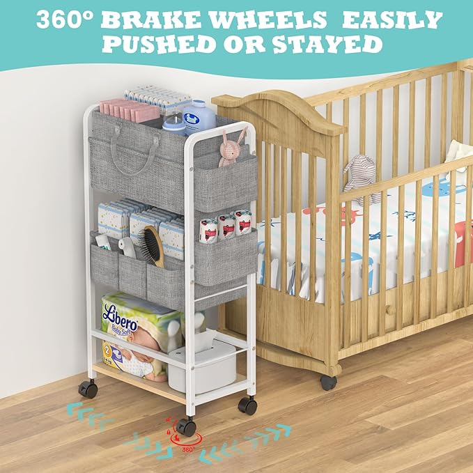 2In1 Diaper Caddy & 4-Tier Rolling Diaper Cart, Diaper Caddy Organizer Cart with Dividers & Drawer, Mobile Metal Bedside Cart for Baby Nursery Essentials Storage, Large Capacity, White