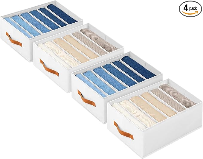 Homsorout Closet Organizers and Storage - Fabric Clothes Organizer with Handles, Foldable Jeans Organizer for Clothes, Drawer Organizer for Shirts, Bra, Sweater, Scarf, 4 Pack, White