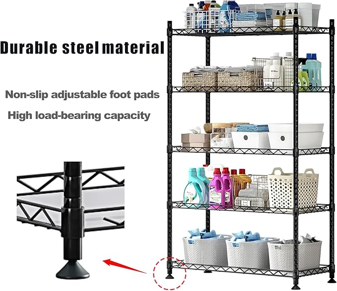 5 Shelf Organizer Storage Rack Adjustable Metal Shelf for Garage Kitchen Bathroom Heavy Duty Shelves Units with Non-Slip Foot Mats Black 29.53” L x 13.78” W x 62.17” H (Black, 5 Shelf with Foot Mats)