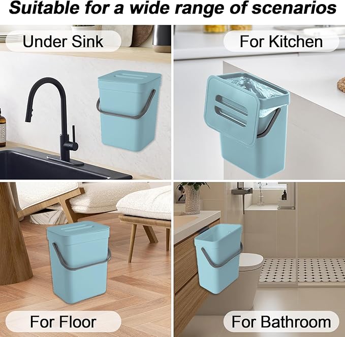 Compost Bin Kitchen, Bring 5 Rolls (100) of Garbage Bags, for Use on Countertops or Under Sinks, Hanging Trash Can with Lid, for Cupboard/Bathroom/Bedroom/Office/Camping(Bule 1.3 Gallon/5L)