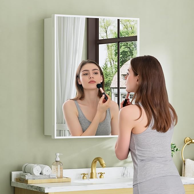 Buruis 14"x 24" Framed Medicine Cabinet with Mirror, Recessed or Wall Mounted Bathroom Cabinet, Adjustable Tempered Glass Shelves, Left/Right Open Reversible, No Assembly Required, White