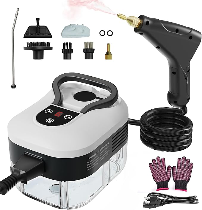 Steam Cleaner, Handheld Steam Cleaner for Home Car Furniture Bathroom, 2500W High Pressure Steam Cleaner, 1.2L Water Capacity, 6 Adjustable Speeds, 4 Brush Heads, Steamer for Cleaning (White)