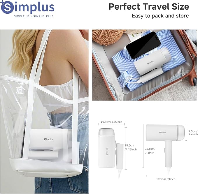 SIMPLUS Travel Steamer for Clothes, Portable Handheld Garment Steamer for Clothing, 10s Fast Heat Up, 170ml Water Tank with Measuring Cup, Small Foldable Fabric Wrinkle Remover for Home, White