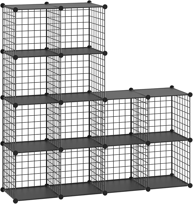 HUBSON Wire Cube Storage Organizer, Book/Toy/Craft/Potted Plants and petCloset Organizers and Storage Shelves, 12-Cube Freely Combinable Metal Grids Storage Shelf,Black Plus Iron