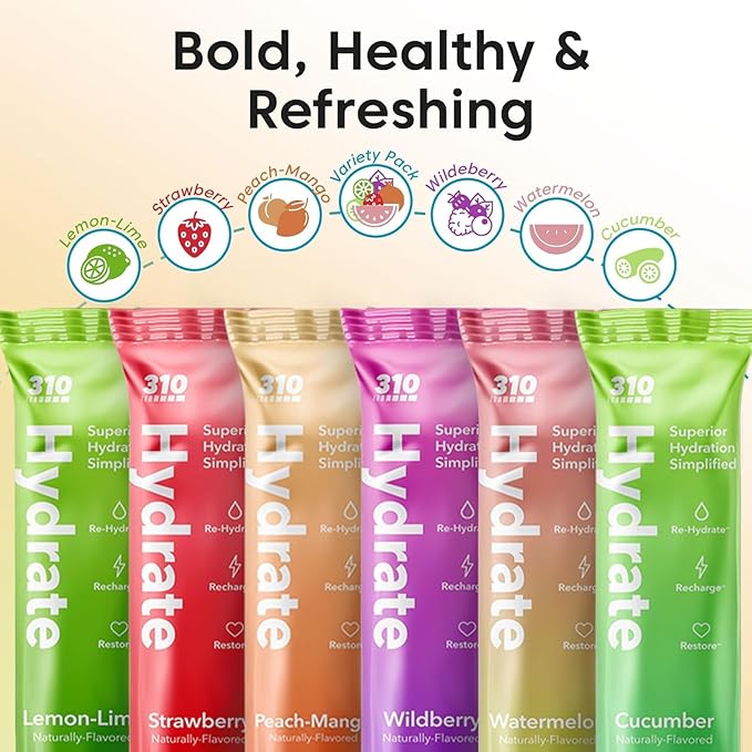 310 Nutrition Sugar Free Electrolytes Powder - Instant Hydration Packets for Daily Fluid Balance - Caffeine-Free Rehydration Drink Mix w/Vitamins, Low Calorie & Keto Friendly - Lemon Lime 30 Singles