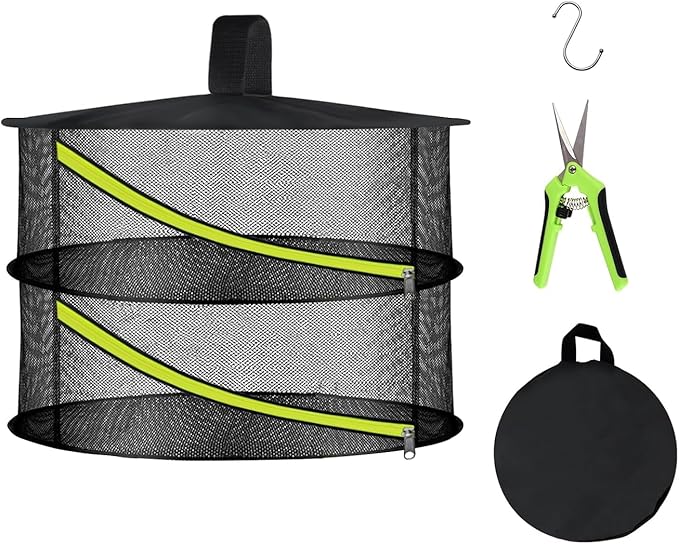 2 Layer Herb Drying Rack, Hanging Mesh Net, Foldable Plant Drying Rack with Diagonal Zipper, Garden Trimming Shears and Hooks, for Drying Herbs Plants, Fruits, Seafood, Clothing(2 Layers-23.62'')