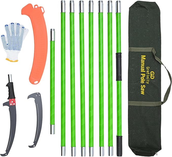 Manual Pole Saw for Tree Trimming, 27 FT Manual tree purner with 8-Section Fiberglass Handle, Sharp steel Blade, Easy to Carry and Extendable Design for Tree Maintenance, Green
