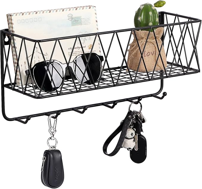 OROPY Entryway Mail Holder with Key Hooks, 14" L×4.7" W×6.5" H, Wall Mounted Matte Black Metal Wire Mesh Storage Basket with 6 Hooks, easy to Organize Letters, Magazines, Keys, Leashes for Entryway