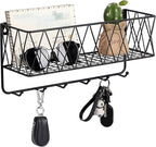 OROPY Entryway Mail Holder with Key Hooks, 14" L×4.7" W×6.5" H, Wall Mounted Matte Black Metal Wire Mesh Storage Basket with 6 Hooks, easy to Organize Letters, Magazines, Keys, Leashes for Entryway