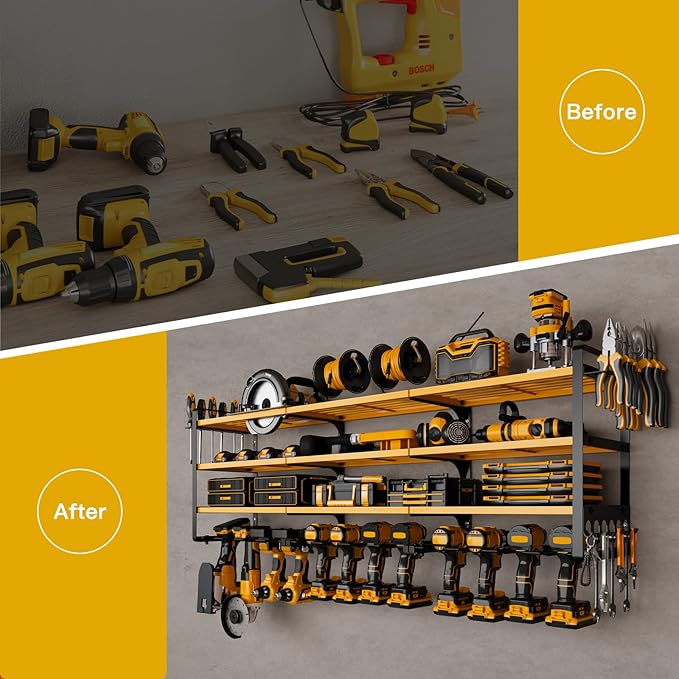 48" Large Power Tools Organizer Wall Mount,12 Drill Holder for Garage, Workshop Heavy Duty Storage Rack (Yellow)