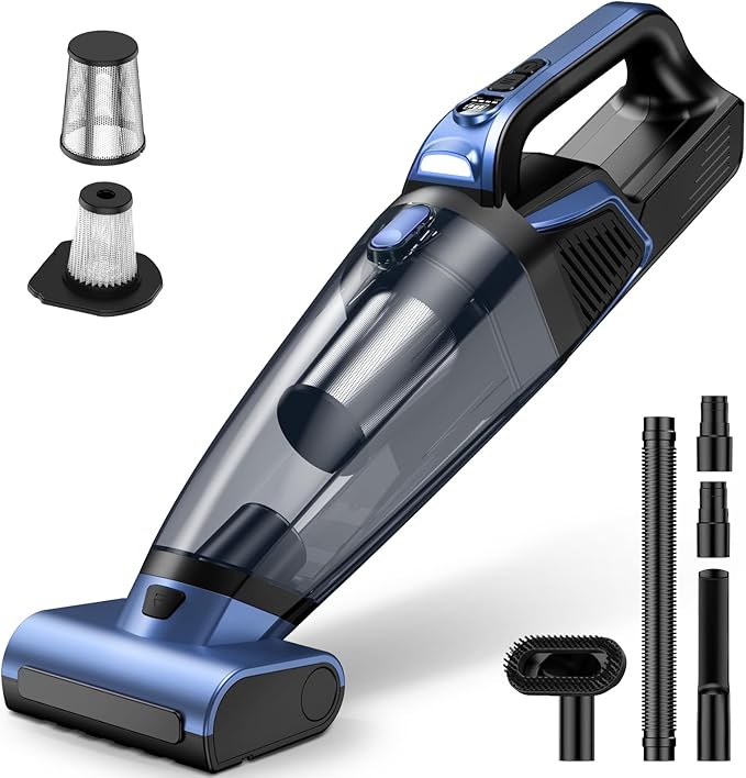 Pet Hair Handheld Vacuum Cordless: 20000PA High Power Car Vacuum with Motorized Brush and LED Light, Rechargeable Hand Held Vacuum Cleaner with Reusable Filter for Car, Home, Office & Pet, Blue