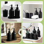 Yaomiao 5 Pack Bathroom Accessories Set, Modern Bathroom Decor Sets, Glass Liquid Soap Dispenser, Vanity Tray, Toothbrush Holder, Cotton Swab Jars with Lids for Sink Countertop(Black,Frosted)