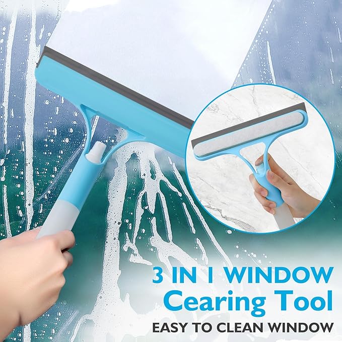 3 in 1 Spray Window Squeegee Cleaner Scraper, WindowSqueegee with Brush and Built-in Spray BottleAll-Purpose Shower Glass, Mirrors, Car, Home Window Cleaner Tool (White)