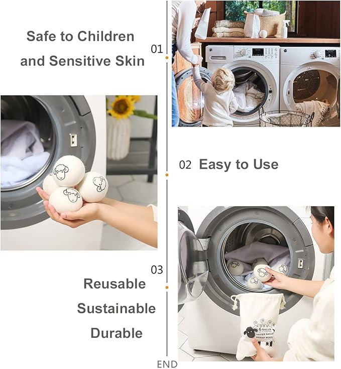 6-Pack Wool Dryer Balls Reusable Laundry Balls for Dryer Natural Fabric Softeners and Wrinkle Release, Organic and Eco Wool Dryer Ball for Pet Hair Removal, Dryer Sheets, Drying Ball