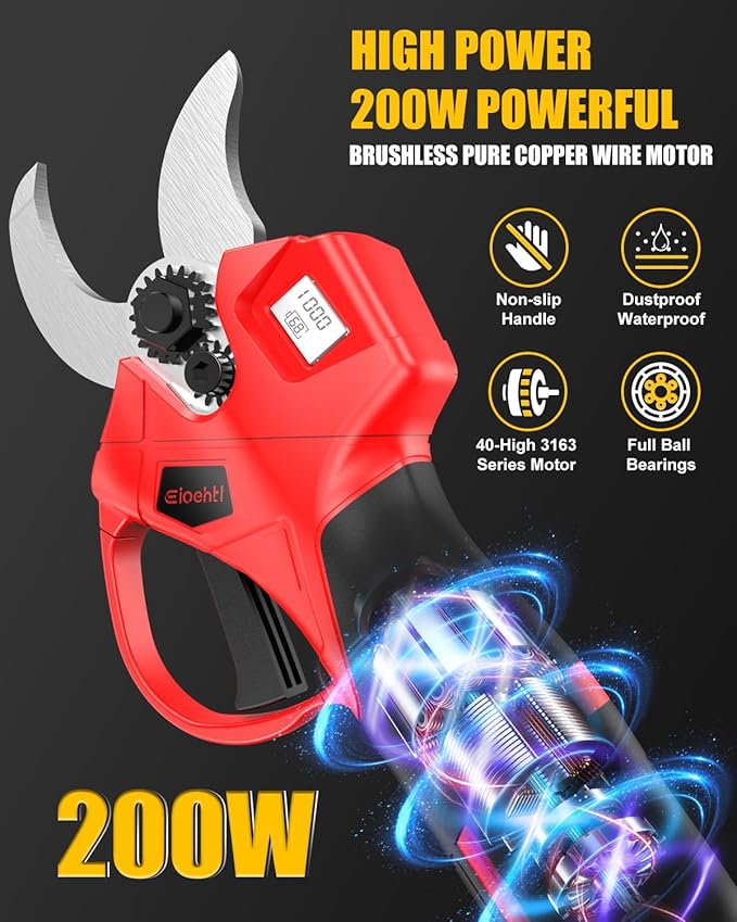 Electric Pruning Shears Cordless, 1.4" Cutting Diameter, LCD Display with Cutting Count & Battery Level, Powerful Brushless Motor, 2×2000mAh Batteries, Battery Pruner for Garden, Orchard & Fruit Trees