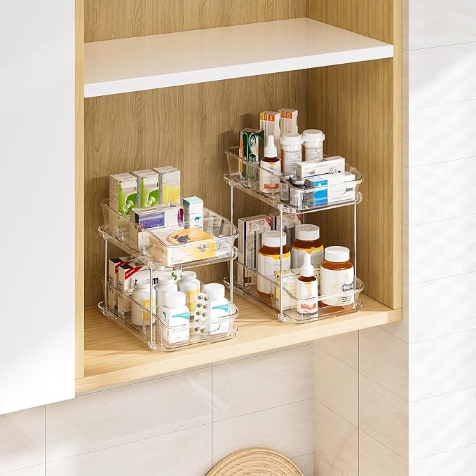 Delamu 3 Pack Bathroom Organizers and Storage, 2 Tier Clear Under Sink Organizer, Pull Out Medicine Cabinet Organizer