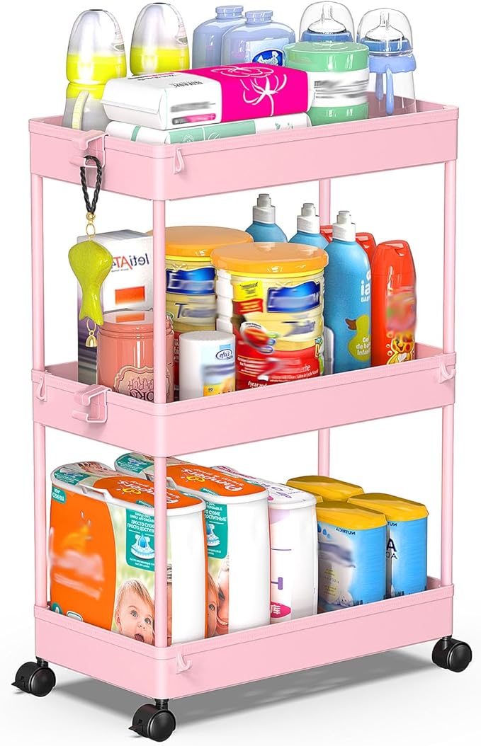 SPACEKEEPER Rolling Storage Cart 3 Tier, Bathroom Cart Organizer Laundry Room Organizer Utility Cart Mobile Shelving Unit Multi-Functional Shelves for Office, Kitchen, Bathroom, Pink