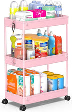 SPACEKEEPER Rolling Storage Cart 3 Tier, Bathroom Cart Organizer Laundry Room Organizer Utility Cart Mobile Shelving Unit Multi-Functional Shelves for Office, Kitchen, Bathroom, Pink