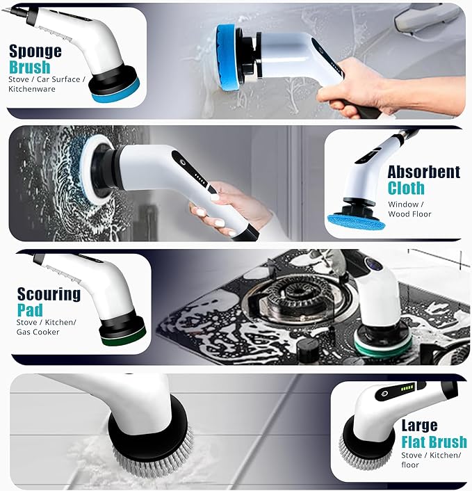 Elebe Electric Spin Scrubber - 7 Replaceable Brush Heads, Electric Cleaning Brush 2 Speeds, Adjustable & Detachable Long Handle, Bathroom Cleaner Brush Electric 300/450 RPM