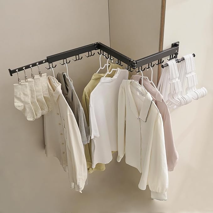 JOOM Clothes Drying Rack Wall Mounted,Folding Clothes Drying Rack,Retractable,Collapsible(Tri-Fold,Upgrade Hook),Wall Mounted Drying Rack for Laundry Balcony Bathroom (Black)