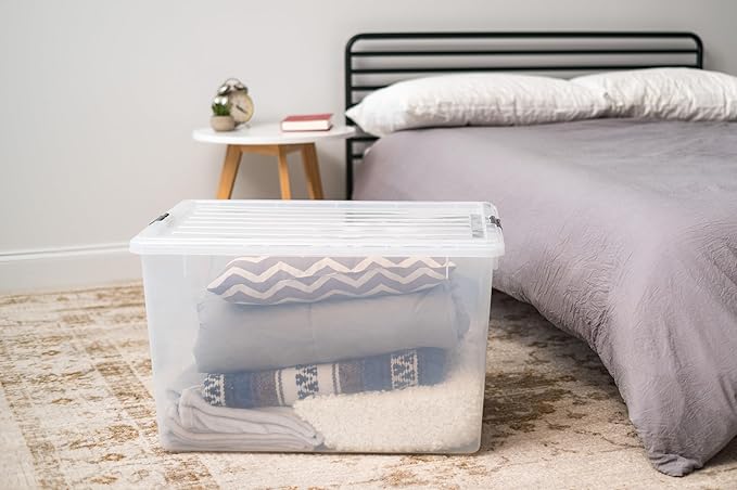 IRIS USA 132 Qt Stackable Plastic Storage Bins with Lids, 1 Pack - BPA-Free, See-Through Organizing Solution, Latches, Durable Nestable Containers, Secure Pull Handle, Made in USA - Clear