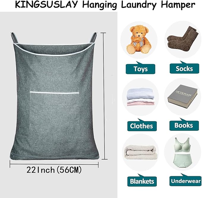 XL Large Hanging Laundry Hamper, Over the Door Laundry Bag with Zipper and Wide Open Top,Hanging Hamper for Storage Laundry, Clothes, Toys,36x 22 Inch, Heather Grey 2Pack.