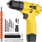 Tegatok Cordless Drill Set,12V Power Drill Set with Battery and Charger, Electric Driver Drills Bits, 3/8'' Keyless Chuck,18+1 Torque Setting with LED Electric Drills Set, Yellow