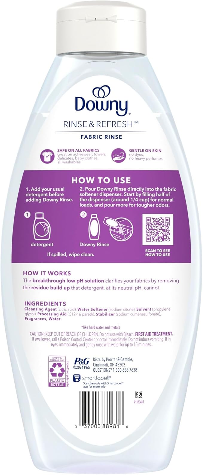 Downy RINSE & REFRESH Laundry Odor Remover and Fabric Softener, Fresh Lavender, 48 fl oz, Safe on ALL Fabrics, Gentle on Skin, HE Compatible