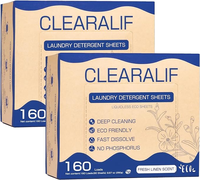 Laundry Detergent Sheets Up to 320 Loads, Fresh Linen - Great For Travel,Apartments, Dorms,CLEARALIF Laundry Detergent Strips Eco Friendly & Hypoallergenic (80 Sheets, Pack of 2)