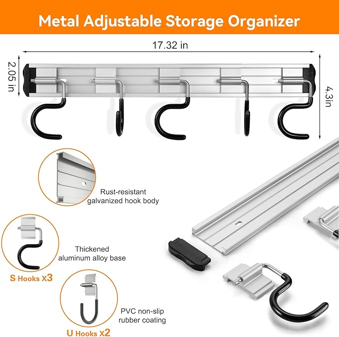 34.5'' Aluminum Alloy Garden Tool Organizer Wall Mount Garage Organizers and Storage with Hooks Tool Hangers for Shed Hooks for Shovel, Rake, Broom & More