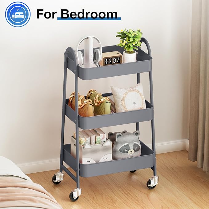 OLIXIS 3 Tier Utility Rolling Cart, Metal Mobile Storage Shelf with Lockable Caster Wheels, Organization for Livingroom, Bathroom, Kitchen, & Narrow Places, Gray