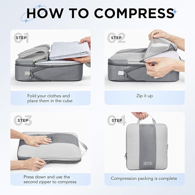 8 Set Compression Packing Cubes for Travel Essentials,Compressible Expandable Packing Cubes for Suitcase,OlarHike Luggage Organizer Bags for Travel,Handy Helper for Organizing Clothes(Gray)