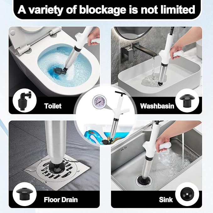 Toilet Plunger Drain Clog Remover, High Pressure Air Drain Remover Tool with Real-Time Barometer, Stainless Steel Clog Toilet Cleaner for Bathroom Kitchen Commercial Floor Sink(White)