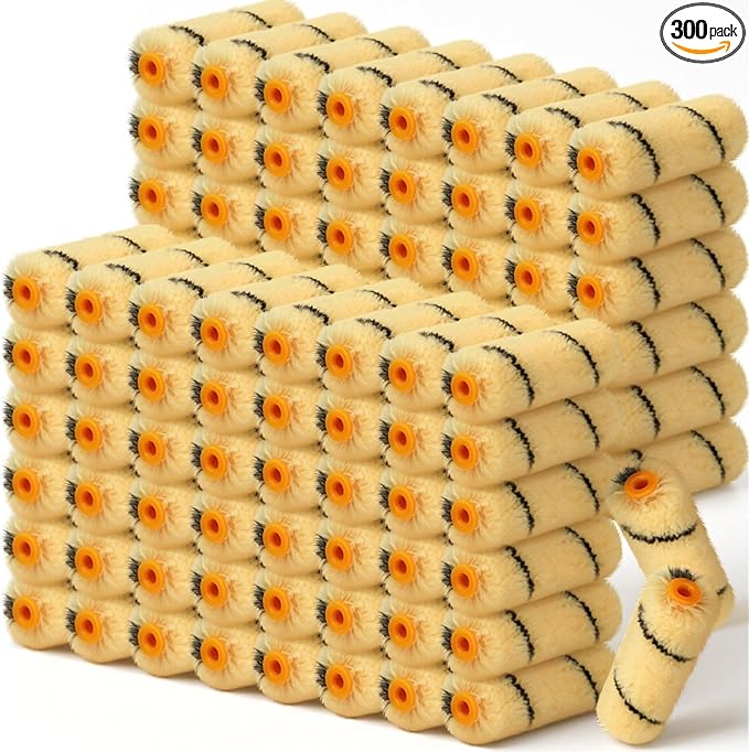 Leumoi 300 Pcs 4 Inch Mini Paint Roller Cover 1/2" Nap Small Microfiber Roller Covers Home Repair Tools House Household Supplies Kit (Black, Yellow)