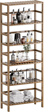 HITNET Bookcase, Bamboo Bookshelf, 6-Tier Adjustable Tall Open Book Shelf, Free Standing Storage Shelves Organizer, Flower Plant Display Stand, Walnut