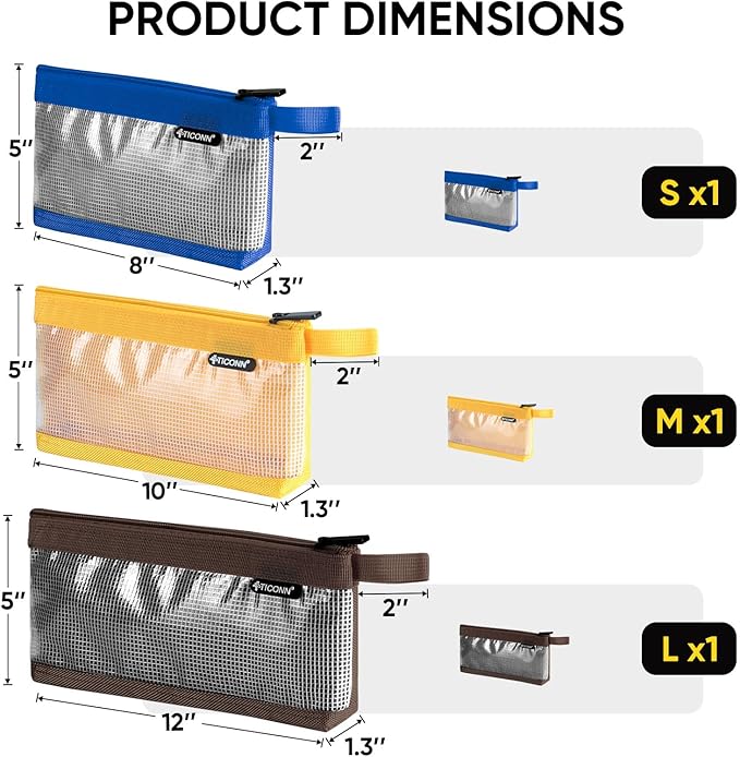 TICONN Tool Pouch, 1680D Oxford Small Tool Bag, Tool Pouches with Zipper, Clear Utility Bag Zipper Pouch for Tool Organizers and Storage (3PK Combo)