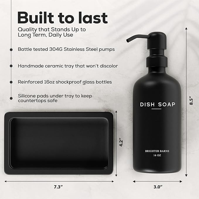 Black Glass Hand and Dish Soap Dispenser Set by Brighter Barns - Kitchen Soap Dispenser Set with Tray for Home, Airbnb, Vacation Rental, Gift - Minimalist Home Decor, Modern Kitchen Decor (Black)